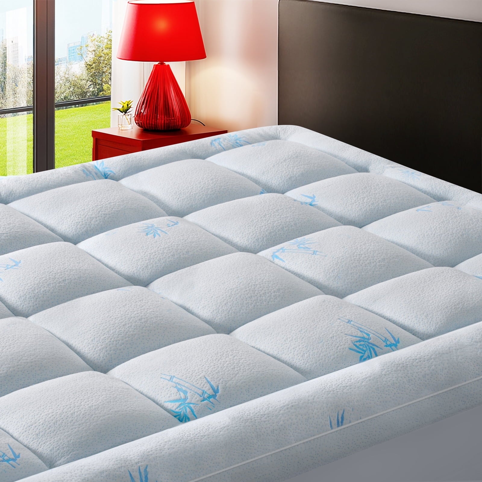 Mattress Topper Queen Size, Bamboo Extra Thick Mattress Pad 8-21" Deep Pocket Soft Down Alternative Fill (60x80 inches)Blue